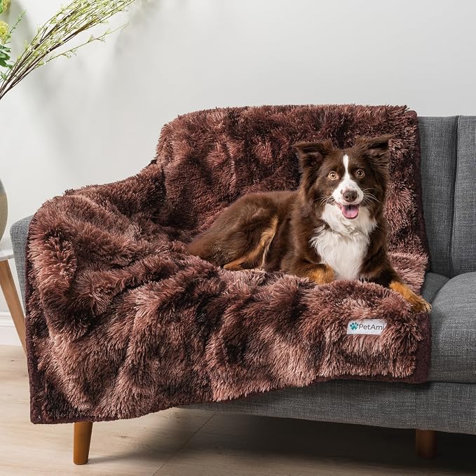 PetAmi Waterproof Dog Blanket for Couch, Queen Bed & Furniture,Reversible Sherpa & Faux Fur Pet Blanket, Leakproof Throw for Large Dog Cat, Washable Soft Calming Protector (90x90, Tie-Dye Brown) - Image 7