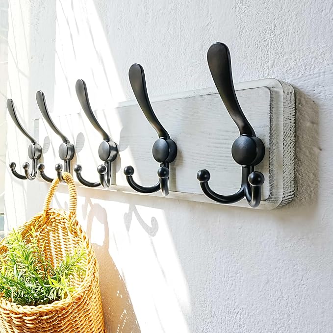 Dseap Coat Rack Wall Mounted - 5 Tri Hooks, Heavy Duty, Wooden Wall Coat Hanger Coat Hook for Clothes Hat Jacket Clothing, White & Black - Image 6