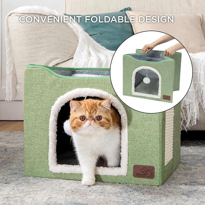 Bedsure Cat House Bed for Indoor Cats with Fluffy Ball and Scratch Pad | Green,16.5x16.5x13 in,Large Cat Cave for Multiple Pets,Foldable Cat Hideway Cube for Sleeping Kitten - Image 4