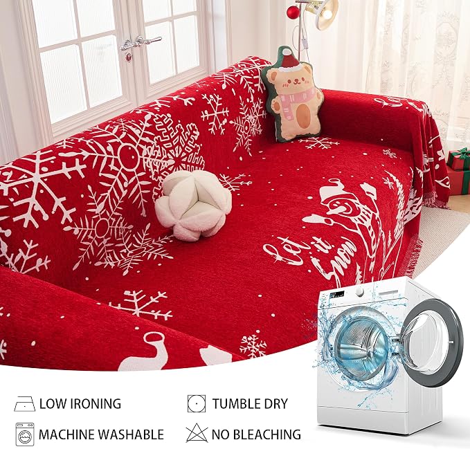 MEETSKY Christmas Sofa Cover Couch Covers for 2 Cushion Couch Sofa, Washable Couch Cover Blanket with Tassel for Living Room Sectional Sofa Slipcovers for Dogs Large Couch Protector, 71" x 118", Red - Image 6