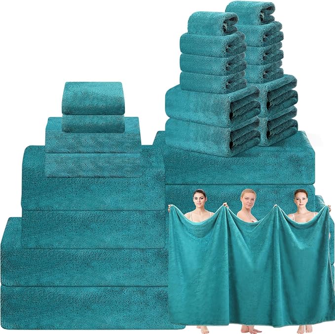 Mixweer 24 Piece Teal Microfiber Absorbent Towel Set: 2 Oversized Bath Sheets, 4 Bath Towels, 6 Hand, 8 Washcloths, 4 Fingertip for Bathroom Spa Gym Camping Beach by Mixweer
