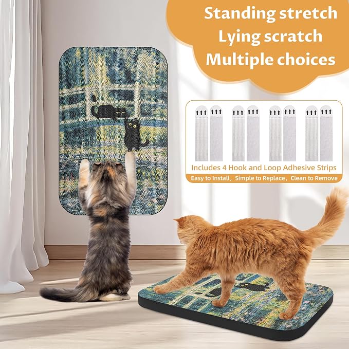 Cat Wall Scratcher, Art Cat Scratching Board for Indoor Cats | Wall Mounted Cat Scratch Pad, Water-Based Ink, Hook&Loop Strips, Floor or Wall Use, 16.7x11x1 Inch, Lily Pond Bridge - Image 3