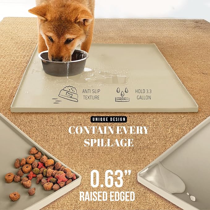 AVERYDAY 100% Waterproof Thicker Silicone Dog Food Mat, 0.63'' Raised Edge Bowl Mat for Food & Water, Non Slip Pet Feeding Placemat for Messy Drinkers, Perfect for Large Medium Small Breeds, 23"x16" - Image 3