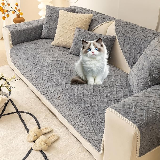 OTOB Couch Covers for Dogs Washable, Non Slip Geometric Jacquard Plush Sofa Slipcovers Furniture Protector, All Seasons Pet Couch Covers for 3 Cushion Couch Sofa, 1 Piece (Light Gray, 35.4"x82.7") - Image 9