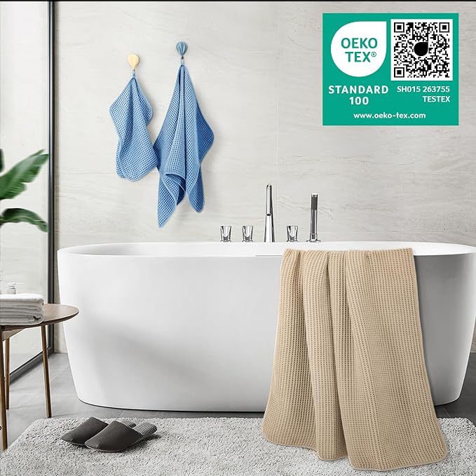 POLYTE 430 GSM Microfiber Quick Dry Lint Free Oversize Bath Towel Set, 6 Piece (Waffle Weave) - Image 3
