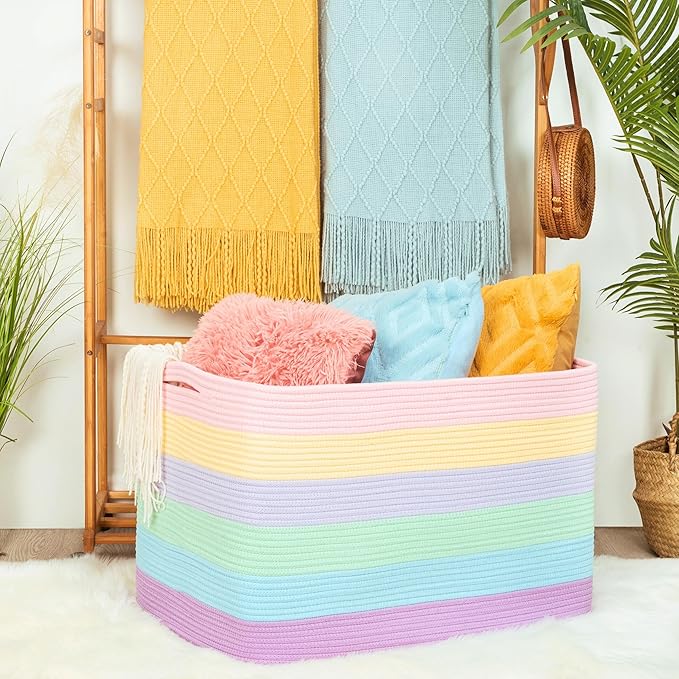 MINTWOOD Design 112L Extra Large Blanket Basket Holder Living Room, 25"x17"x16" Rectangle Rope Woven Storage Basket with Handles for Laundry, Towels, Shoes, Dog Toy Organizer Bin Box, Pastel Rainbow - Image 2