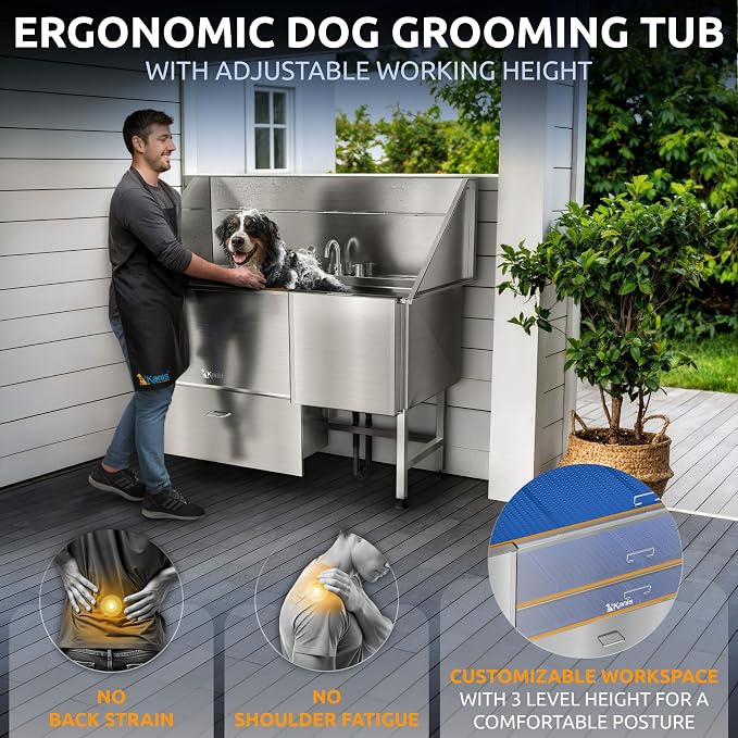 KANIS Professional Dog Washing Station 304 Stainless Steel Pet Wash Sink | Grooming Bathtub w/Shower, Floor Grates and Storage for Large, Medium & Small Pets (Silver, 61 Inches, Right Ramp, 1 Drawer) - Image 5