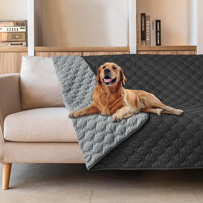 gogobunny 100% Double Sided Waterproof Dog Blanket Soft Pet Bed Cover Reversible Protect Furniture Couch Sofa Car for Puppy Large Dog Cat (Dark Charcoal/Light Charcoal, 82x102 Inch (Pack of 1)) by gogobunny