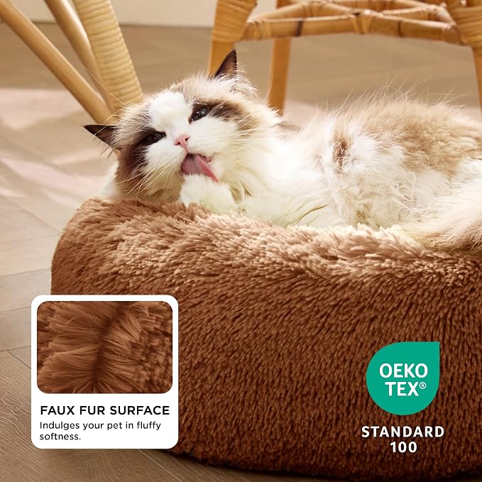 Bedsure Calming Cat Beds Donut Round Washable Kitten Bed,20 inches Copper | Fluffy Faux Fur Cuddler,Machine Washable,Anti-Slip Bottom,Anti-Anxiety,Deep Sleeping for Cats&Small Pets Up to 15 Lbs - Image 3