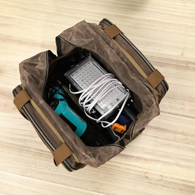 Kaaltisy 16oz Waxed Canvas Tool Bag – Robust Zipper Garden Tools Tote with 3 Compartments & Padded Handle (Grey) – Tool Organizer for Gardening Wire Cutters Goggles - Image 6