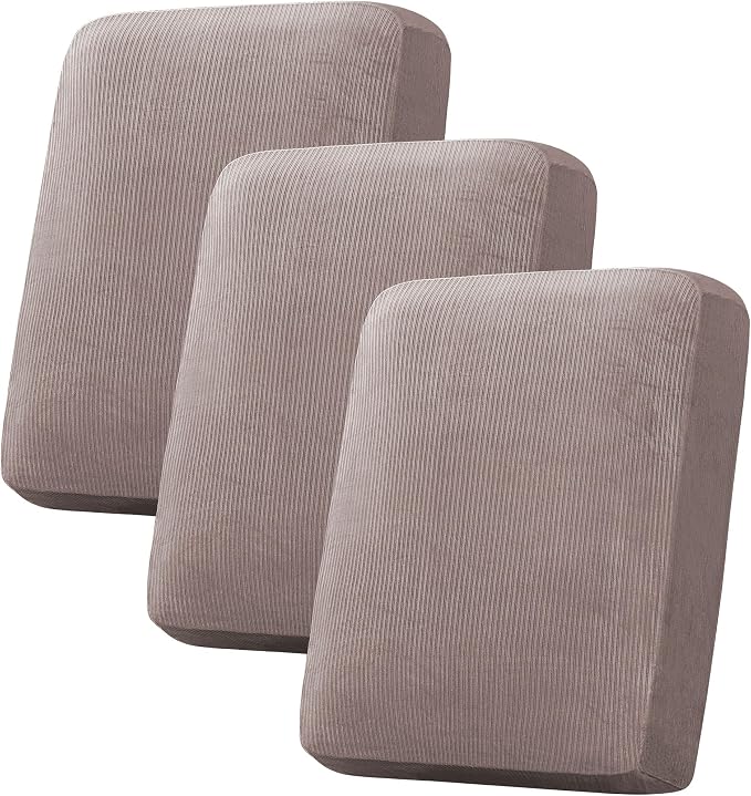 H.VERSAILTEX Velvet Stretch Couch Cushion Cover Plush Cushion Slipcover for Chair Loveseat Sofa Cushion Furniture Protector Seat Cushion Sofa Cover (3 Piece Sofa Cushion Covers, Taupe Striped) by HVERSAILTEX