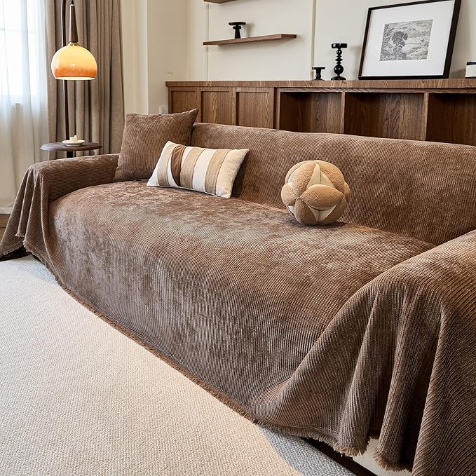 Coffee Boho Couch Covers for Sofa Washable for 3 Cushion Couch,71''X134'' | Chenille Furniture Protector Sofa Couch Cover for Dogs, Soft Breathable Sofa Slipcover, Couch Throw Blankets with Tassels - Image 8
