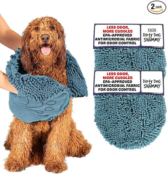Dog Gone Smart The Dirty Dog Shammy - 2-Pack, Antimicrobial Microfiber Dog Towel for Odor Control, Fast-Drying Plush, Dual Hand Pockets & Super Absorbent, Machine Washable - 31 x 13 in, Pacific Blue by DogGoneSmartBed