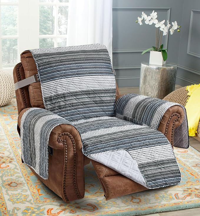Brilliant Sunshine Multi Grey Stripes Couch Recliner Cover, 26" seat | Non Slip Sofa Cover, Quilted Furniture Protector, Washable Reclining Chair Slipcover for Pets, Dogs by BrilliantSunshine