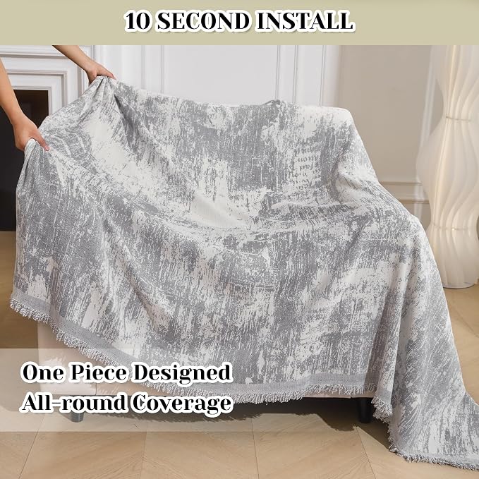 MEETSKY Small Couch Cover Oversized Chair Cover Washable, Chenille Soft Throws Cover for Single Sofa, Abstract Geometric Sofa Slipcover Multi-Use Furniture Protector for Dogs, 71" x 91", Light Grey - Image 2