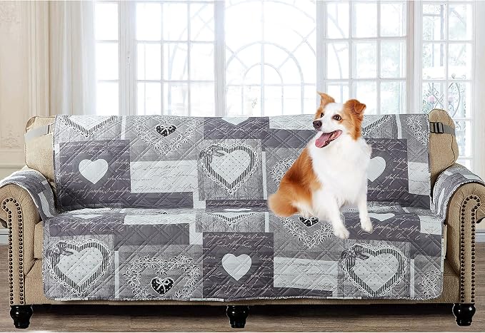 Brilliant Sunshine Grey Heartlove Patchwork Couch Cover, 78" seat | Non Slip Sofa Cover, Living Room Quilted Furniture Protector, Extra Large Washable Slipcover for Pets, Dogs & Cats by BrilliantSunshine