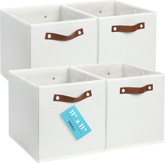 OrganiHaus 11x11 Cube Storage Bins, Set of 4 - Fabric Storage Cubes | Sturdy, holds its shape; odor-free; fits ClosetMaid 11-inch shelves; vegan leather handles by OrganiHaus