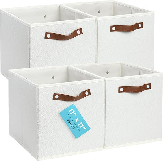OrganiHaus 11x11 Cube Storage Bins, Set of 4 - Fabric Storage Cubes | Sturdy, holds its shape; odor-free; fits ClosetMaid 11-inch shelves; vegan leather handles by OrganiHaus
