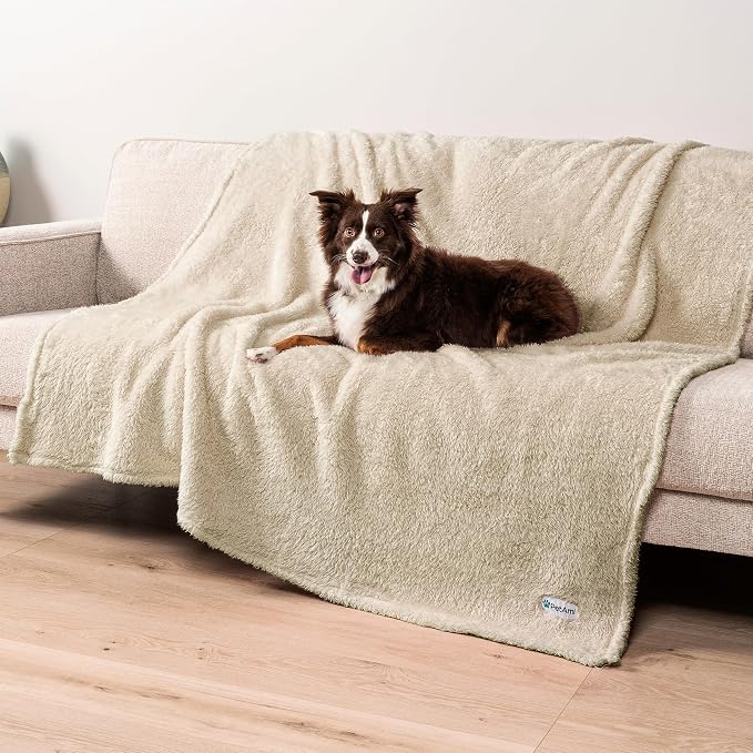 PetAmi Fluffy Waterproof Dog Blanket for Couch and Bed, Reversible Sherpa Pet Throw, Pee Proof Furniture Protector Sofa Cover, Washable Cat Blanket for Medium Large Dogs and Cats (Beige Cream, 90x90) - Image 3
