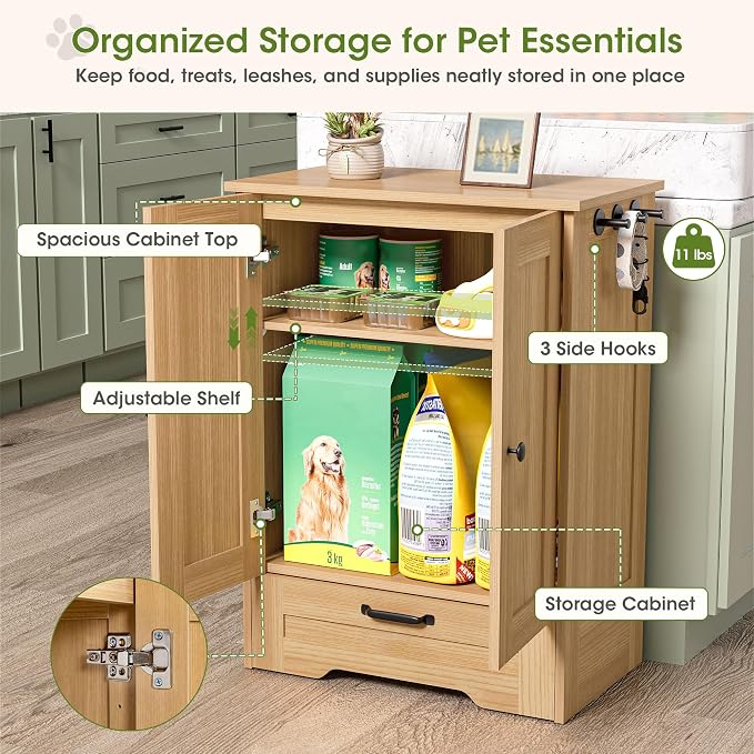 Dog Cabinet, Dog Feeding Station with Hidden Pull-Out Feeder, Oak | 5.9" Elevated Feeding Height, 2 Stainless Steel Bowls, Adjustable Shelf, 3 Side Hooks, Dog Food Storage Organizer - Image 6