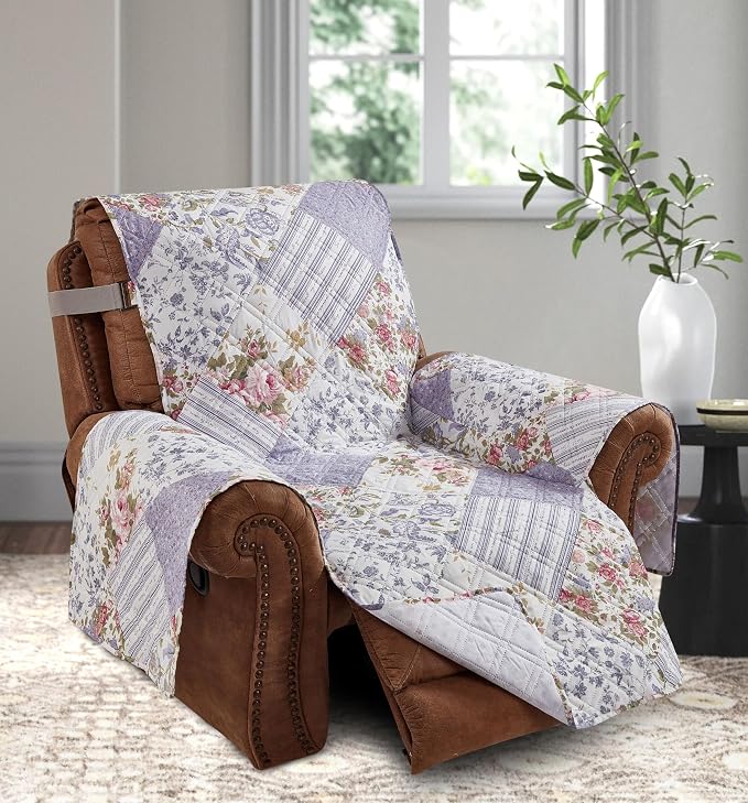 Brilliant Sunshine Rose Violet Floral Couch Recliner Cover, 26" seat | Patchwork Design, Non Slip Sofa Cover, Quilted Furniture Protector, Washable Reclining Chair Slipcover for Pets, Dogs & Cats by BrilliantSunshine