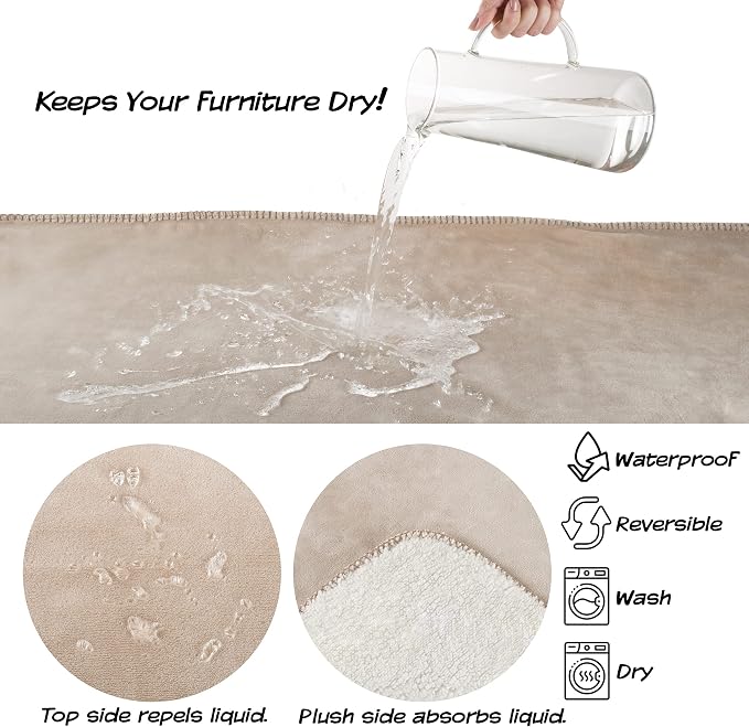 Waterproof Blanket for Pets - Reversible Throw Protects Couch, Car, and Bed from Spills, Stains, or Fur - Plush Blanket by Petmaker (Tan) - Image 2
