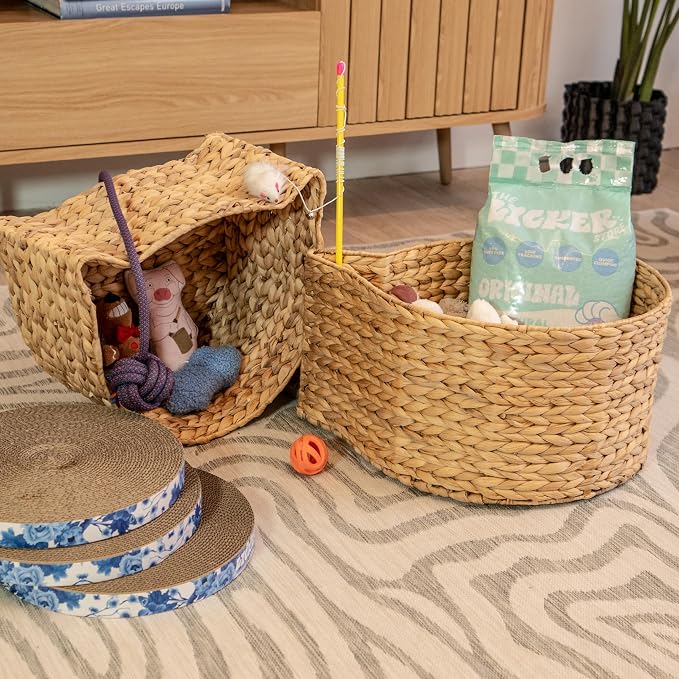 BSK4001A-2SET Feliz Cat-Shaped Hand Woven Water Hyacinth Nesting Pet Toy Organizer Baskets, Cay Storage Box for Living Room, Natural (Set of 2) - Image 2