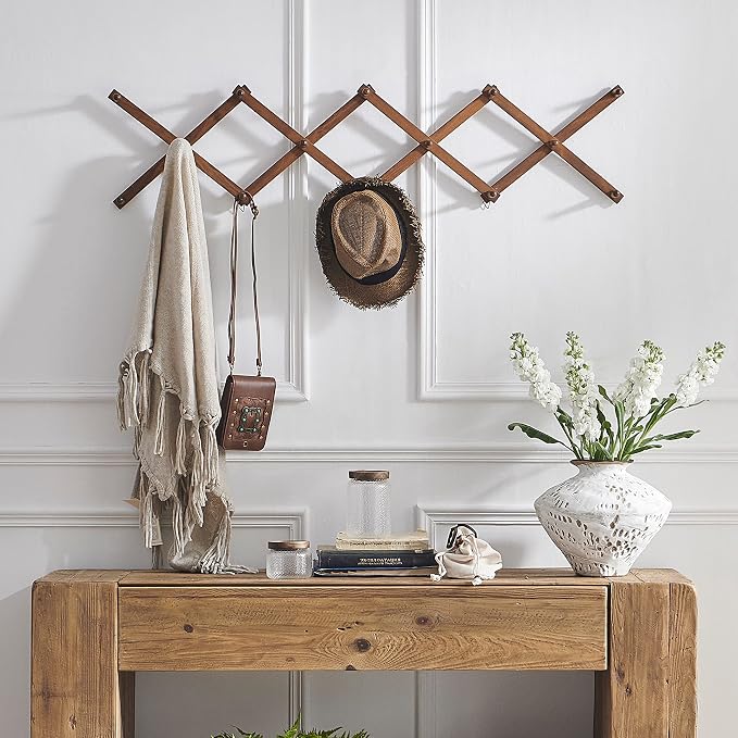 SKOLOO Hat Rack for Wall with 14 Hooks, Pack of 2, Solid Wooden, Modern, Expandable Coat Rack Wall Mount for Coats, Hats, Bags, Baseball Caps, Walnut Color - Image 3