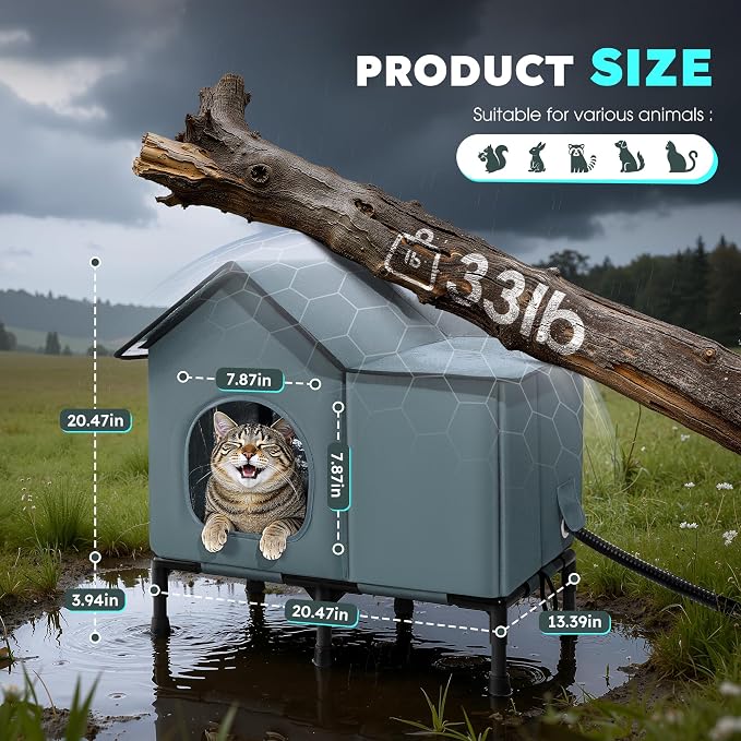 Weatherproof Heated Cat House for Outside with Heating Pad, Elevated Feet Outdoor Cat House, Expanded Canopy Warm Cats Shelter, Heating Pet Beds for Feral or Stray Cats in Winter (Warm Grey, Heated) - Image 3
