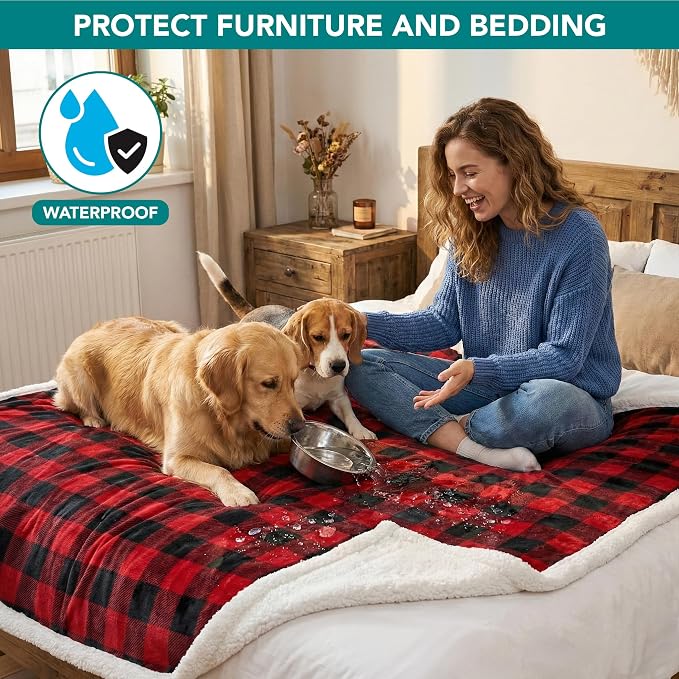 PetAmi Waterproof Dog Blanket for Couch, Extra Large 80x60, Pee Proof Sherpa Fleece Reversible Pet Throw, Furniture Protector for Bed Sofa Crate Kennel, Soft Washable Cover for Dog Cat, Plaid Red - Image 7
