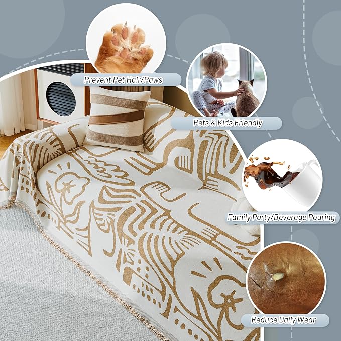 MYSKY HOME Couch Cover for Dogs, Washable Couch Covers, Sofa Covers for Sectional Sofa, Couch Cover 2 Cushion Sofa Dogs Furniture Protector, Chenille Sofa Covers for Pets, 71"x118", Abstract Khaki - Image 4