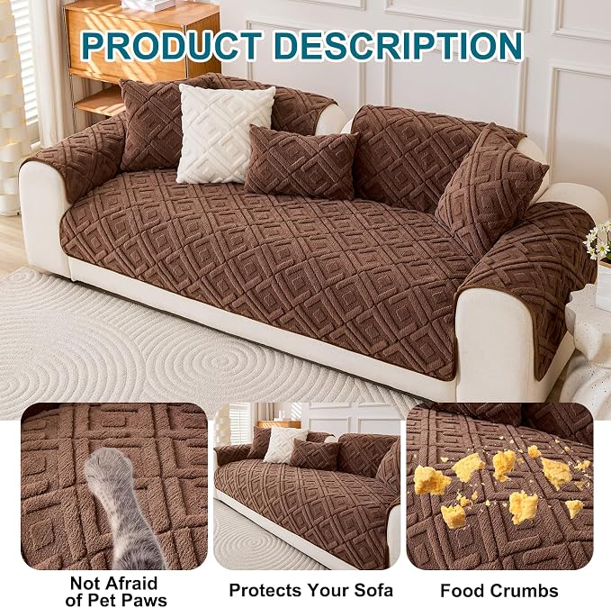 KRFOONN Couch Cover for Dog Non Slip Washable Plush Sofa Protector Brown | Pet Sofa Slipcovers for 3 Seaters Cushion Couch, Scratch Resistant, Soft Boho Pet Covers for Couches & Sofas (35.5" x 83") - Image 4