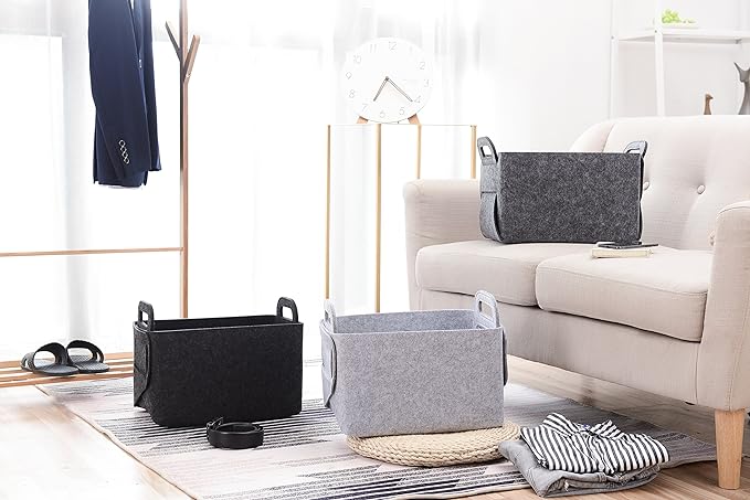 Minoisome Storage Basket Felt Storage Bin Collapsible& Convenient Box Organizer with Carry Handles for Office Bedroom Closet Babies Nursery Toys Laundry (Dark grey, 13.8inch（L）×9.5inch（W）×8.3inch（H）) - Image 6