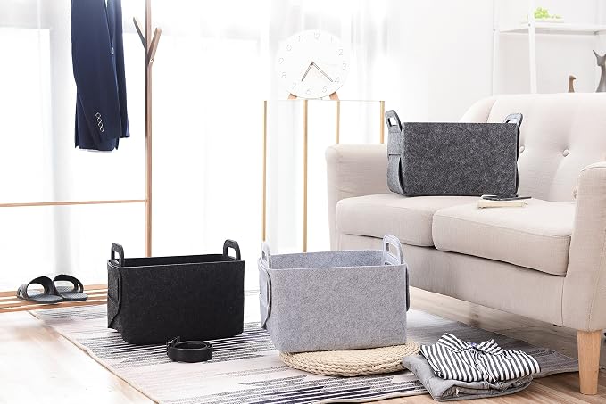 Minoisome Storage Basket Felt Storage Bin Collapsible& Convenient Box Organizer with Carry Handles for Office Bedroom Closet Babies Nursery Toys Laundry (Dark grey, 13.8inch（L）×9.5inch（W）×8.3inch（H）) - Image 6
