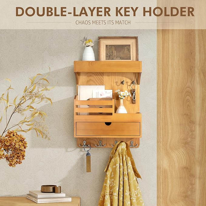Rebee Vision Key Holder Wall Mount with Drawer for Home Decor, Light Brown | Key Holder for Wall, 6 Key Hooks, Floating Wall Shelf, Drawer Organizer, Mail Sorter, Room Decor Aesthetic - Image 3