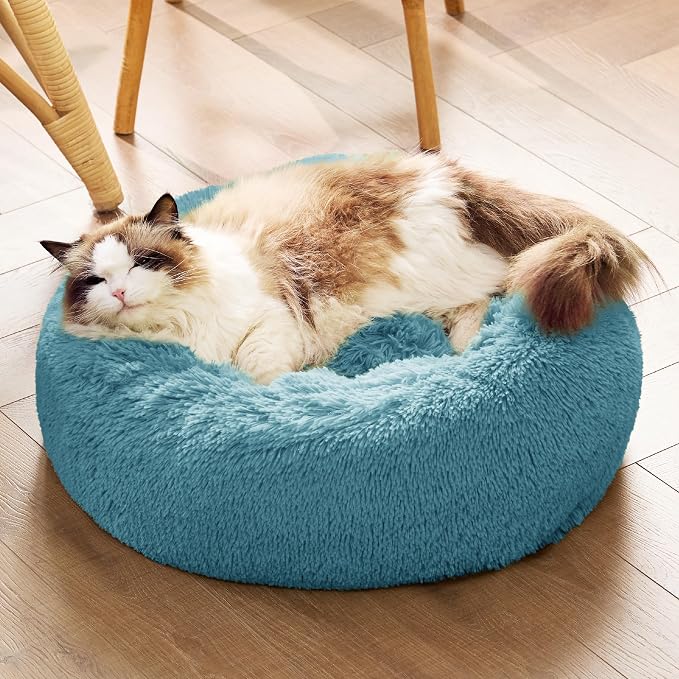 Bedsure Calming Cat Beds Donut Round Washable Kitten Bed,20 inches | Fluffy Faux Fur Cuddler,Anti-Slip Bottom,Anti-Anxiety,Deep Sleeping for Cats&Small Pets Up to 15 Lbs,Washed Blue - Image 4