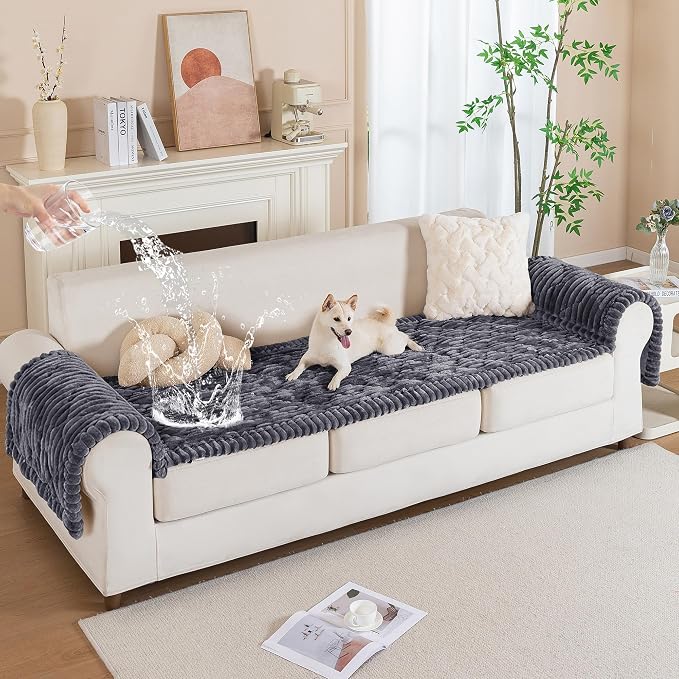PuTian 100% Waterproof Fuzzy Couch Cover for Dogs Dark Grey 27.6"x27.6" | Pet Friendly Dog Mat for Couch, Waterproof Sofa Protector, Scratch Resistant Furniture Cover for Dogs, Machine Washable - Image 2
