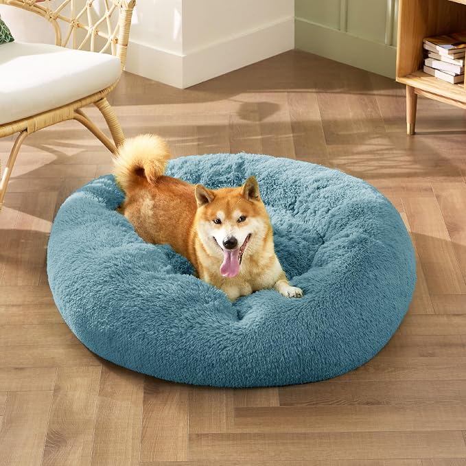 Bedsure Calming Dog Bed Medium Size Dog Donut Washable Pet Bed,30ins | Fluffy Faux Fur Round Cuddler,Machine Washable,Anti-Slip Bottom,Anti-Anxiety,Deep Sleeping for Pets Up to 45 Lbs,Washed Blue - Image 4