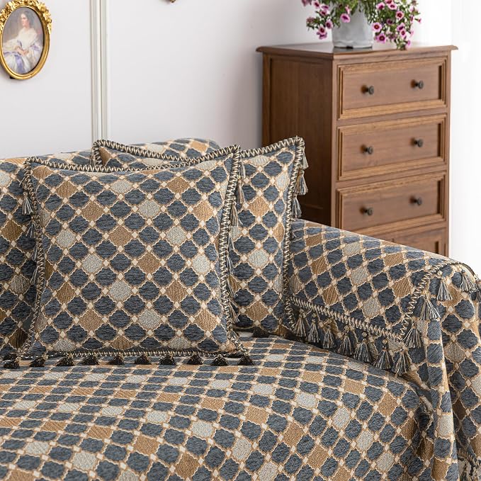 Loom and Mill Luxury Chenille Sofa Covers, Blue-Grey+Khaki+Beige, 71"x118" | Elegant Checkered Sofa Throw Cover with Tassels for 2-3 Cushion Couch, Sectional Couch Cover Sofa Slipcover for Dogs Pets - Image 5