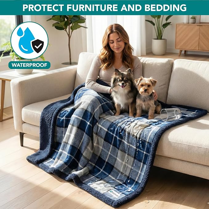 PetAmi Waterproof Dog Blanket for Couch, Large 60x40, Pee Proof Sherpa Fleece Reversible Pet Throw, Furniture Protector for Bed Sofa Kennel, Soft Washable Cover for Medium Dogs Cats, Plaid Blue - Image 2