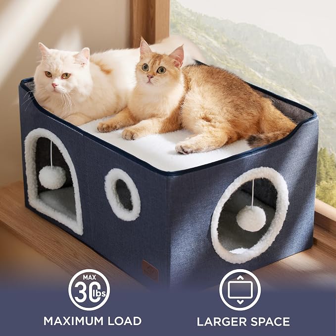 Bedsure Extra Wide Cat House Bed with Fluffy Ball and Scratch Pad,Blue | 23.6x16.9x13 in,Indoor Cat Cave for Multiple Pets, Foldable Cat Hideway Cube for Sleeping Large Cat and Kitten - Image 4