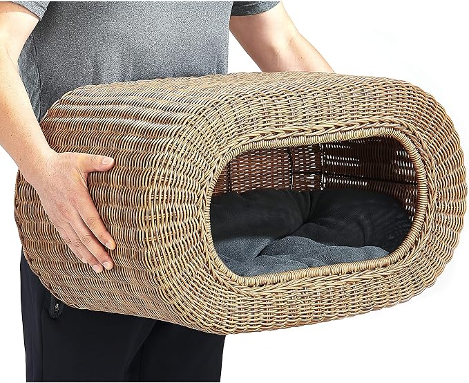 Fun Stackable Wicker Cat Hideaway House - Interactive Play Rattan Cat House for Indoor Cats Kitty, Pet Friendly Top/Side House Entry, Cat Bed Enclosed - Image 2
