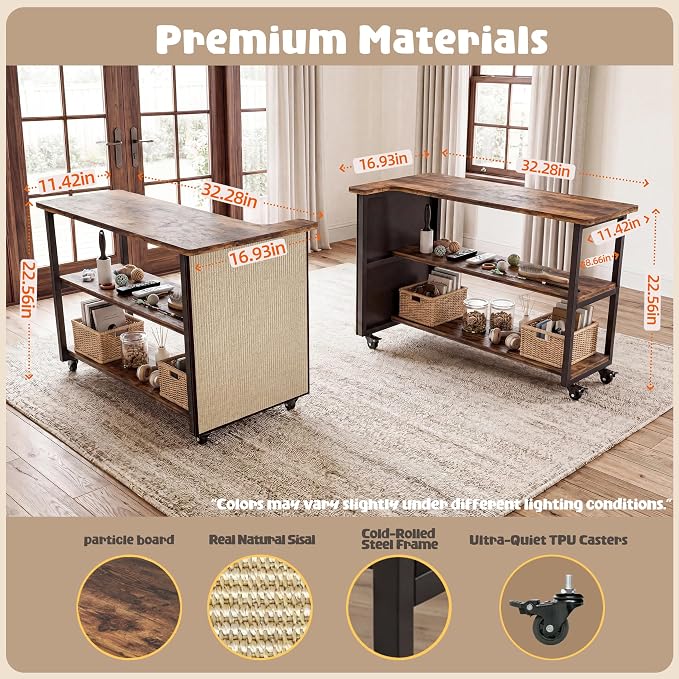 2-in-1 Cat Scratch Couch Side Table with Wheels,Couch Protector from Cat Claws,Sofa Narrow End Table with Natural Sisal Cat Scratch Panel for Living Room (Rustic Brown, Right) - Image 5