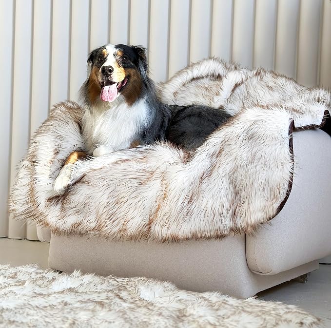 Faux Fur Dog Blanket, Waterproof Couch Cover, White w/ Brown Tips 80"x60" | Plush Sheepskin Style Pet Throw for Sofa, Bed, and Car, Washable Furniture Cover that Protects From Fur and Spills - Image 9