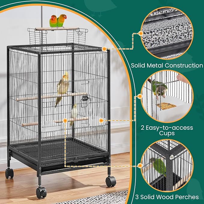 Yaheetech 35 inch Wrought Iron Bird Cage w/Play Open Top and Rolling Stand for Small Birds Like Parrots Conure Lovebird Cockatiel Lovebirds Budgies - Image 5