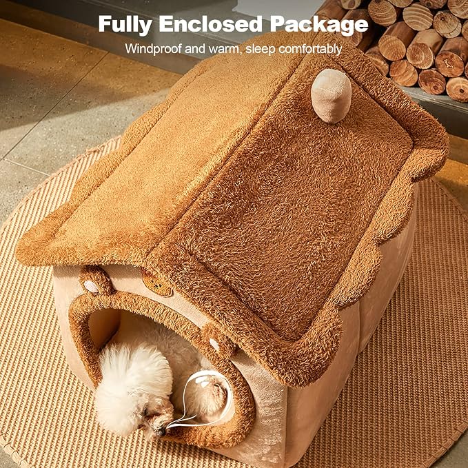 Cat Cave Bed, Washable Dog Bed, Warm and Cosy Cat House, Foldable Comfortable Pet Cat House, Dog Bed with Removable Cushion(L, Brown) - Image 4