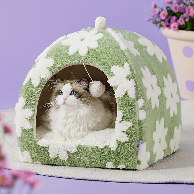 Lesure 2in1 Cute Cat House for Kitten with Washable Cushioned Pillow,17.3in | Cat Beds for Indoor Cats,Small Pet Cave Tent,Cozy Enclosed Foldable Hideaway,Fluffy Ball,Anti Slip Bottom,Hand Strap,Green - Image 6