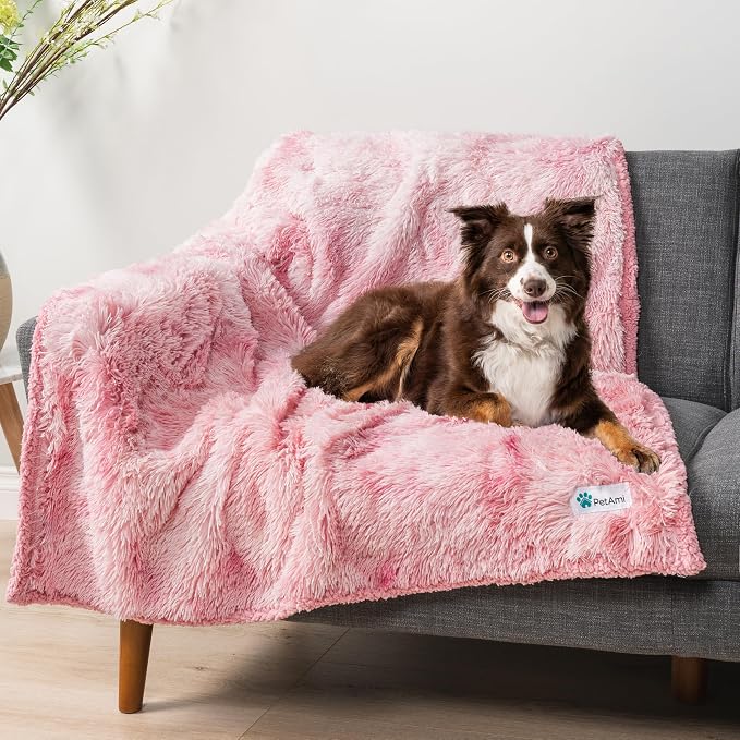 PetAmi Waterproof Dog Blanket for Couch, Queen Bed & Furniture,Reversible Sherpa & Faux Fur Pet Blanket, Leakproof Throw for Large Dog Cat, Washable Soft Calming Protector (90x90, Tie-Dye Pink) - Image 7