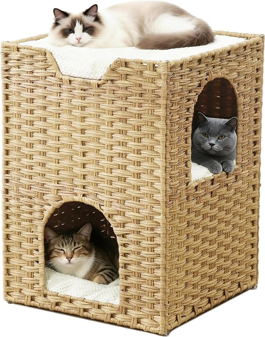 Safety Triple-Layer Cat House for Indoor Cats - Hand-Woven Rattan Cat Cave with 2 Hideaways & 3 Soft Pads - Foldable & Sturdy Cat Condo Furniture for Multiple Cats & Small Pets, Easy Assembly by ZonoriaZephyria