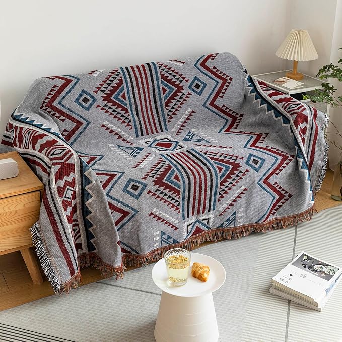ROOMLIFE Grey-Violet Geometry Jacquard Couch Cover Aztec Thread Blanket Sofa Slipcovers Boho Living Room Sofa Covers Sectional Couch Covers for 3-4 Cushion Couch Furniture Protector for Dogs 71"x 134" - Image 2